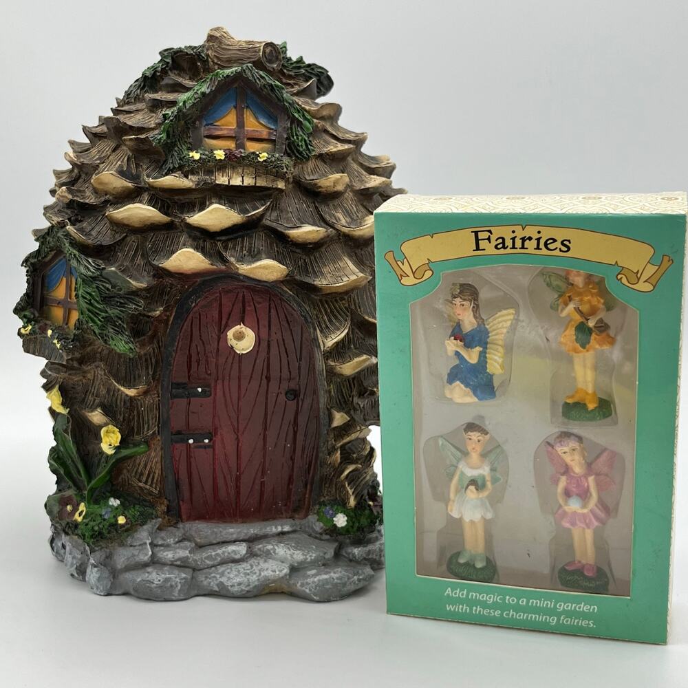 HearthSong Fantastical Resin Fairy Village Pinecone House 9" w/ 4 Fairy Figures